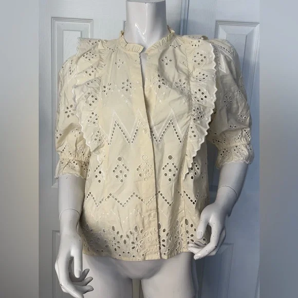 Zara Cream Eyelet Blouse with Ruffle Detail