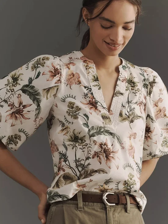 Anthropologie V-Neck Puff-Sleeve Popover Blouse