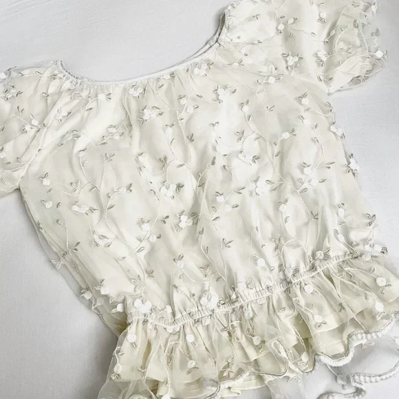 Floral Cream/White Tulle Lace Embroidered Peplum Floaty Puff-Sleeves Top