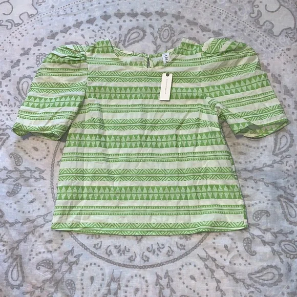 NWT Anthropologie Amadi Green Stripe Blouse Top Puff Sleeve Size M