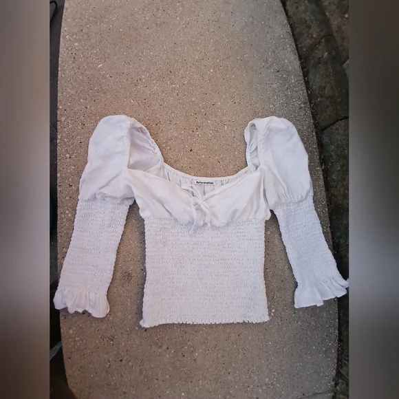 Reformation Cream Smocked Puff Sleeve Blouse