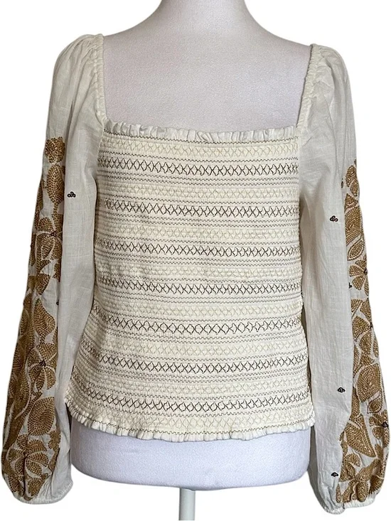 Anthropologie Beige Gold Floral Embroidered Smocked Puff Sleeve Peasant Top Sz M