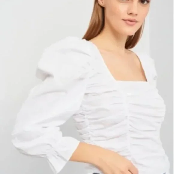 ZARA White Square Neck Puff Sleeve Smocked Poplin Top Large