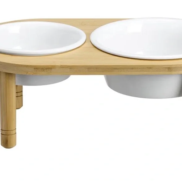 Bamboo and White Ceramic Pet Bowl Stand
