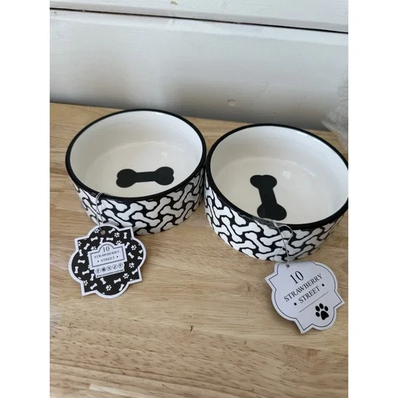 10 Strawberry Street HerringBONE Pattern Dog Bowl, Set of 2, Black, Small