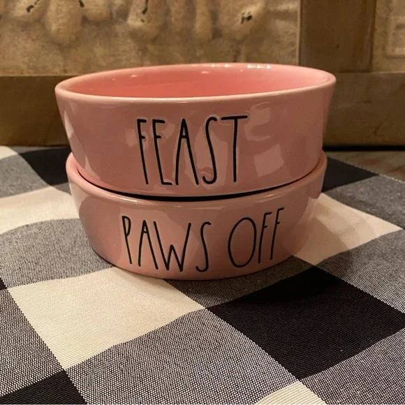 Rae Dunn pink FEAST & PAWS OFF Pet Bowls - Brand New never used 🐾
