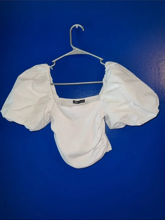 Zara White Puff-Sleeve Square Neck Crop Top