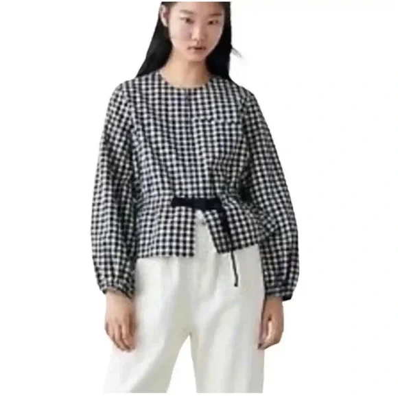 Zara Gingham Linen Blend Puff Sleeve Zipper Jacket Sz M