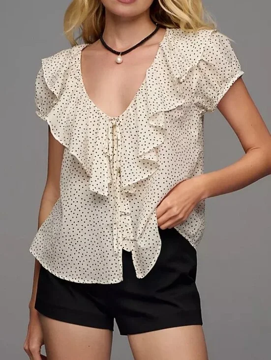 Maeve ruffled top with puff sleeves In White & Black Polkadot Size Small