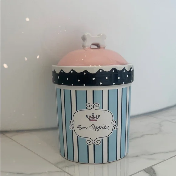 Ceramic Dog Treat Canister — Pink Lid & Blue Striped Body