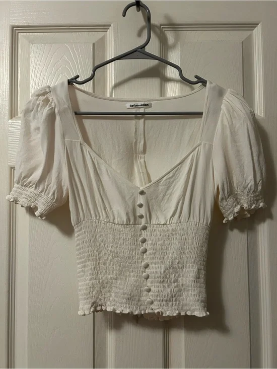 Reformation Ivory Puff-Sleeve Smocked Button Crop Top Sz Small