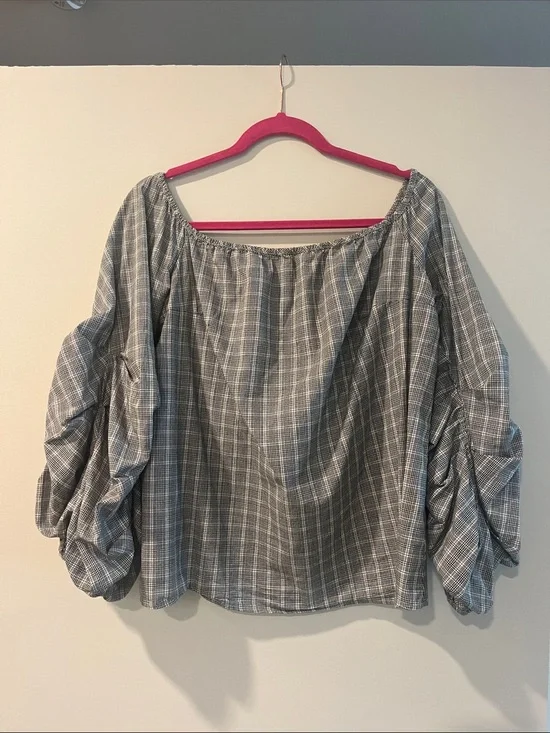 Anthropologie Gray Plaid Off-Shoulder Puff Sleeve Top