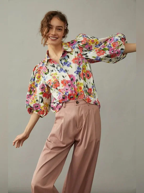 Anthropologie Maeve Rachel Floral Puff Sleeve Button Down XS