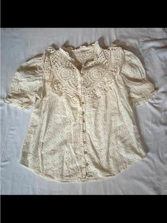 Women's Cream Eyelet Crochet Yoke Button-Up Blouse Anthropologie