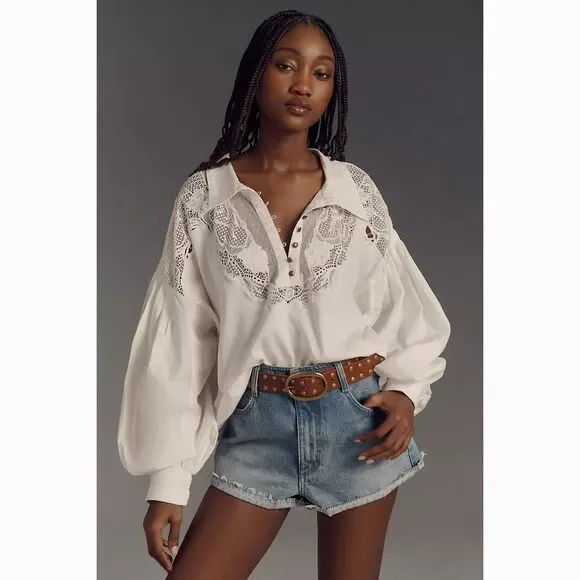 Maeve Anthropologie Puff-Sleeve Collared Yoke Blouse Top Embroidered S 280241