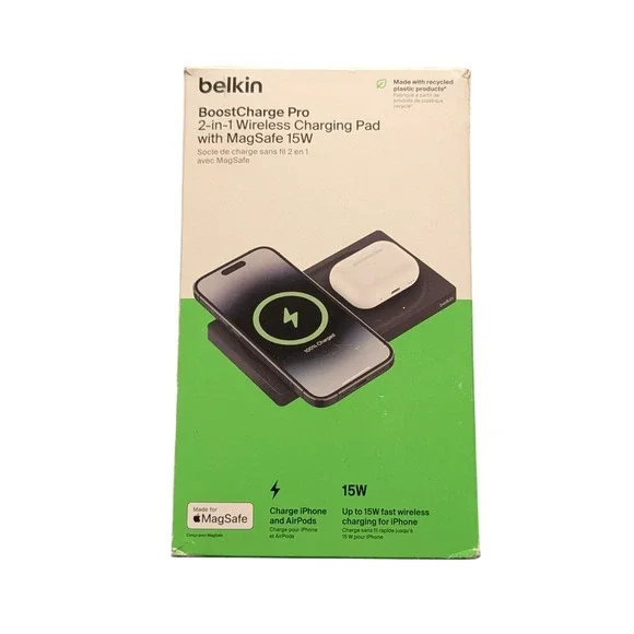 Bb. Belkin BoostCharge Pro 2-in-1 Wireless iPhone Charging Pad‎ W/Magsafe 15W