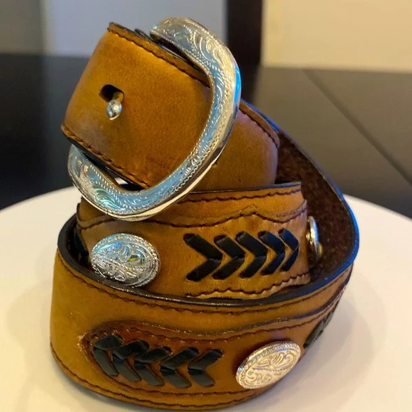 Nocona Western Leather Belt ~ Woven Inlay, Silver Conchos Interchangeable Buckle