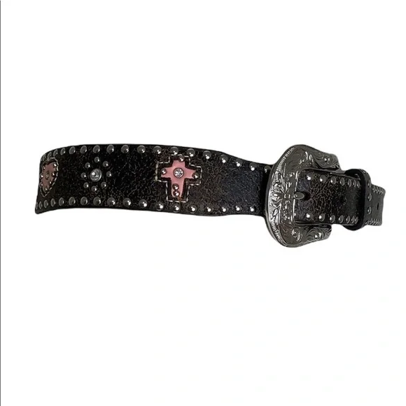 Nocona Pink Hearts Crosses studs Crystals Leather Western Belt Size 24 EUC