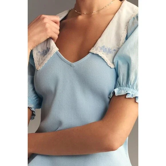 By Anthropologie Short-Sleeve Collared Top Floral Embroidered Ribbed XXS 273656