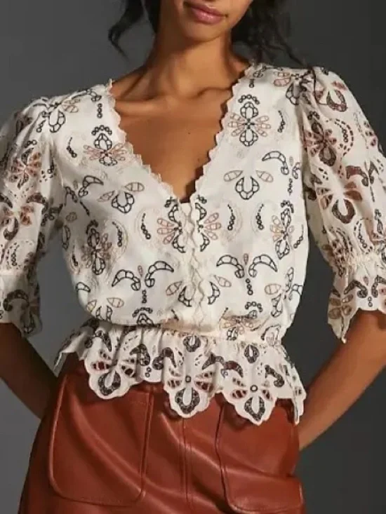 Anthropologie Embroidered Eyelet Peplum Top