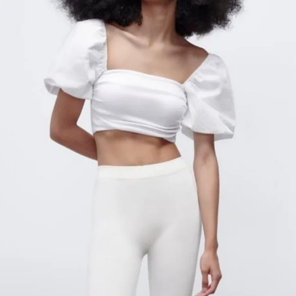 M NWT Zara White Puff Sleeve Crop Top