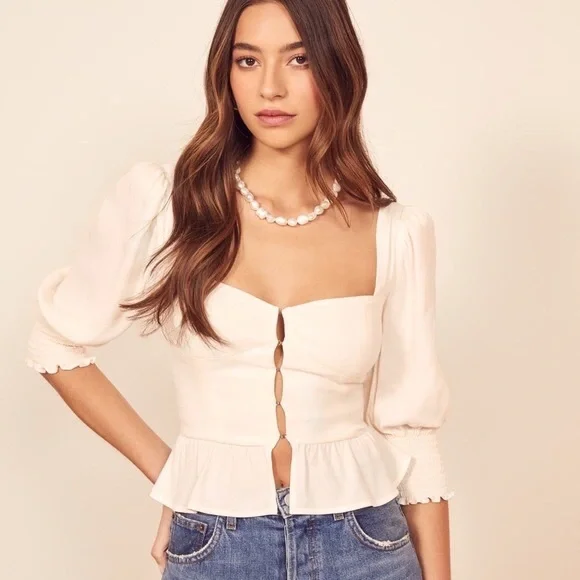 Reformation Cream Peplum Puff Sleeve Blouse