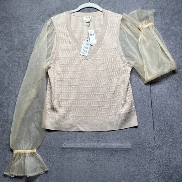 Anthropologie Maeve Cream Sheer Sleeve Knit‎ Top Romantic Castlecore 1X Plus