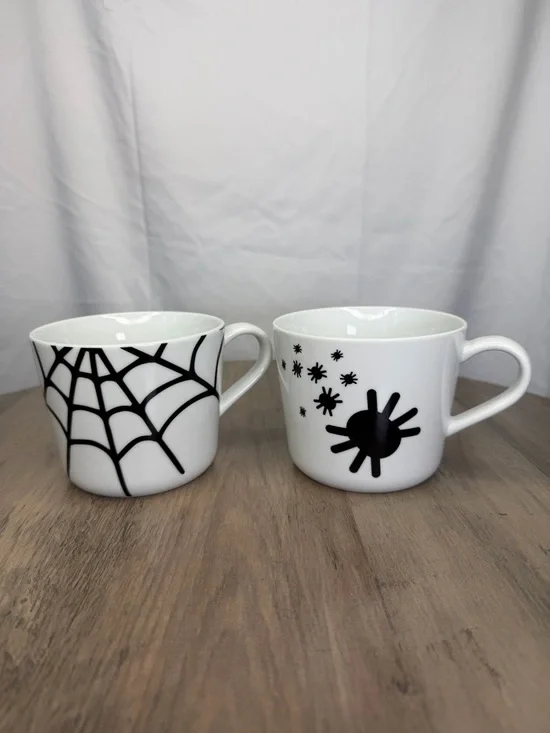 IKEA Ceramic Spider Web & Spider Design White & Black Halloween Coffee Mug Set