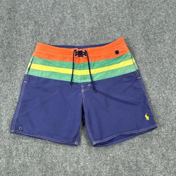 Polo Ralph Lauren Board Shorts Mens 34 Blue Striped Swim Trunks Lined Drawstring
