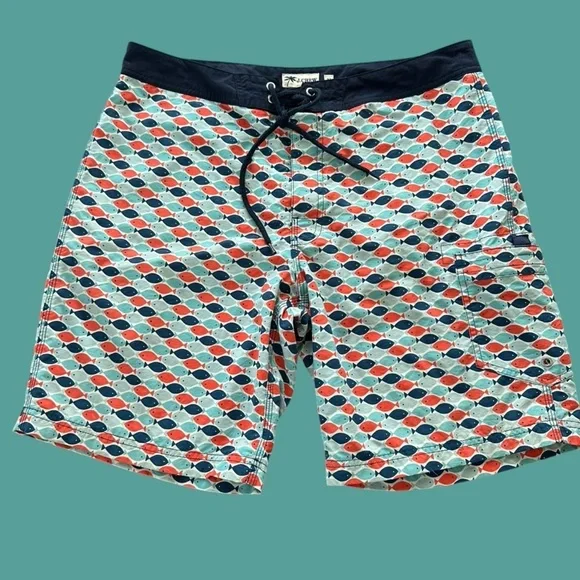 J Crew Mens 33 Waist Fish Print Board Shorts‎ Swim Wear 9” Inseam Swimsuit Beach