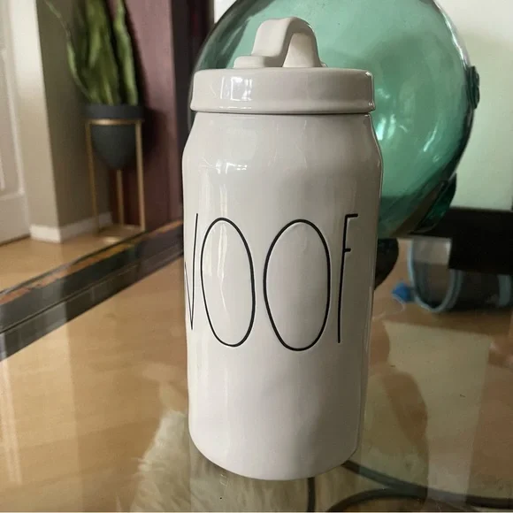 Rae Dunn White Ceramic Dog Treat Jar “WOOF”