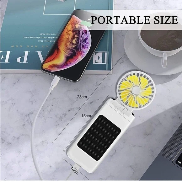 2-in-1 Portable Fan + Power Bank, 10000mAh Battery