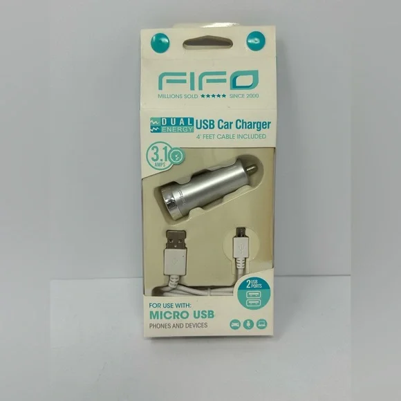 in Box! 10322 Fifo Micro USB Car Charger With 4ft Cable Silver 2 USB Ports