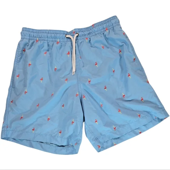 Surf Style Mens Medium Embroidered Flamingo Swim Shorts Trunks Beach Pool EUC