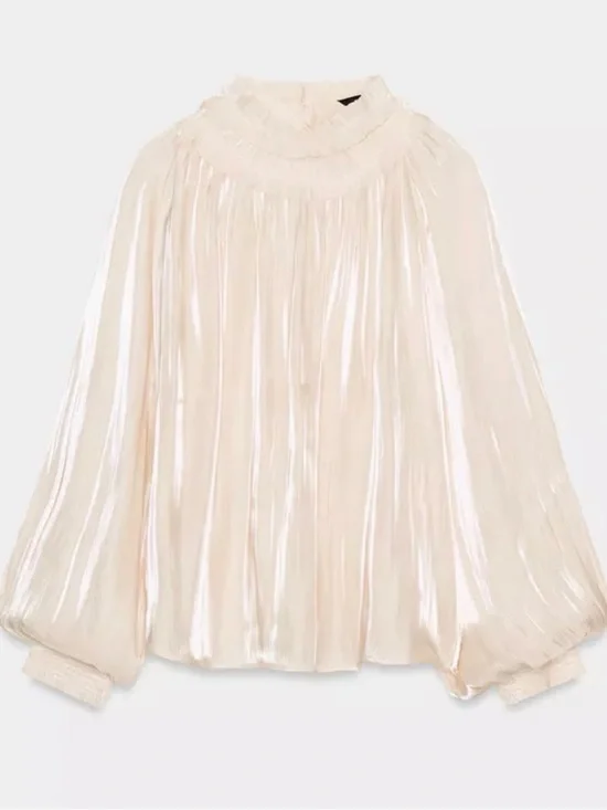 Women's SATIN EFFECT SHIMMER BLOUSE Cream Pleated High-Neck Blouse
