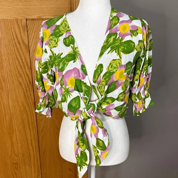 Faithfull the Brand Floral Tie-Front Crop Top in White, Green & Pink