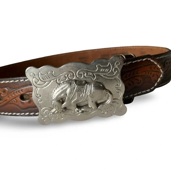 Vintage Tooled Leather Kid’s or Small Adult Belt with Silver Buckle 20” - 22”