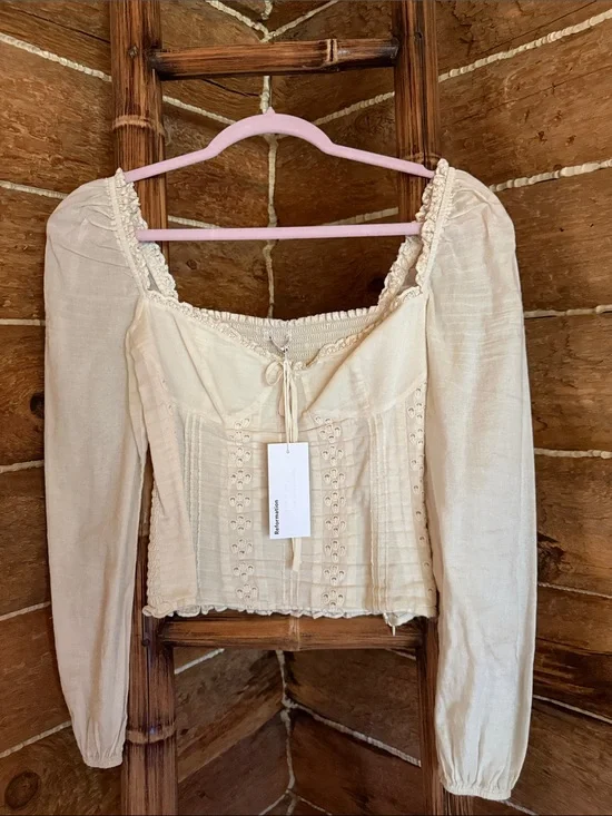 Cream Peasant Corset Top with Long Puff Sleeves