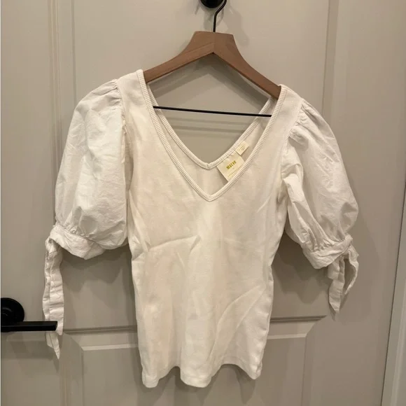 Anthropologie White V-Neck Puff Sleeve Tie Cuff Top