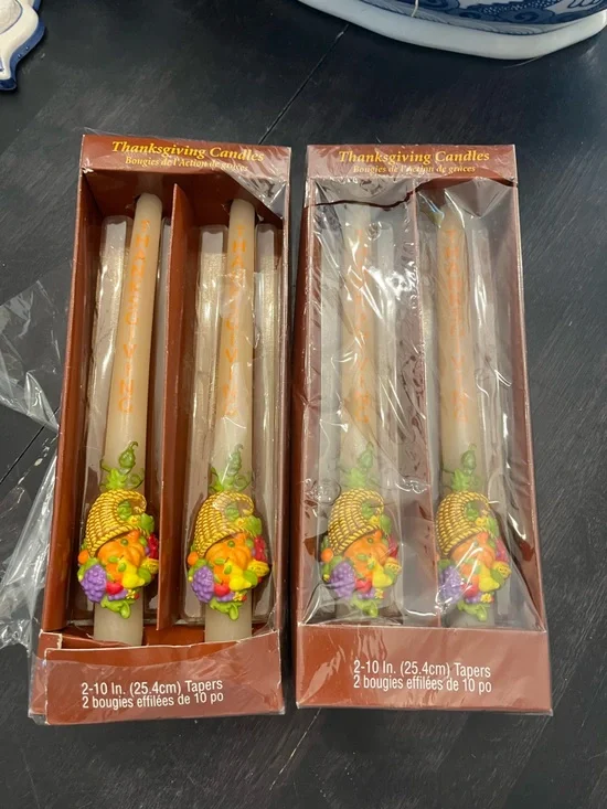 Vintage Thanksgiving Taper Candles 2 sets of 2 with Horn of Plenty.