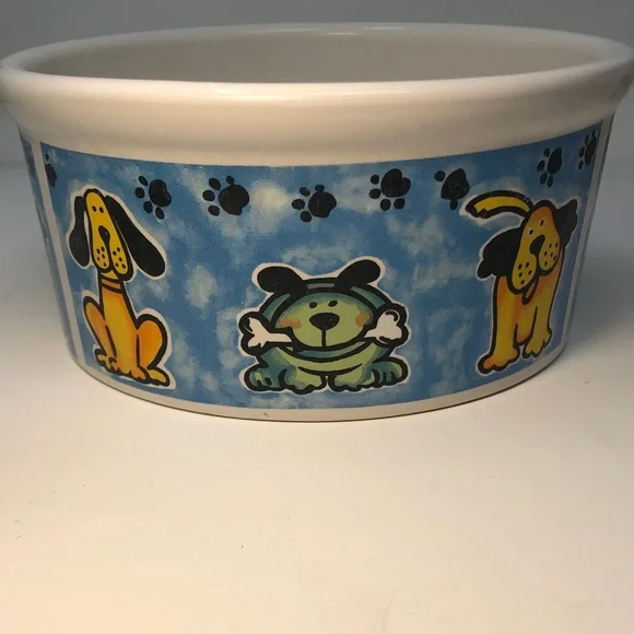 Blue and White ceramic Dog Bowl with Cartoon dog Design