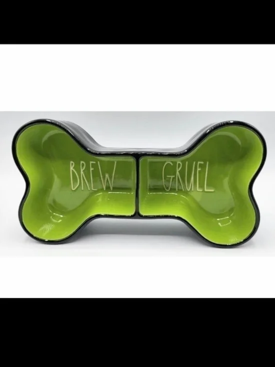 Rae Dunn Green and Black Bone-Shaped Double Pet Bowl - BREW & GRUEL