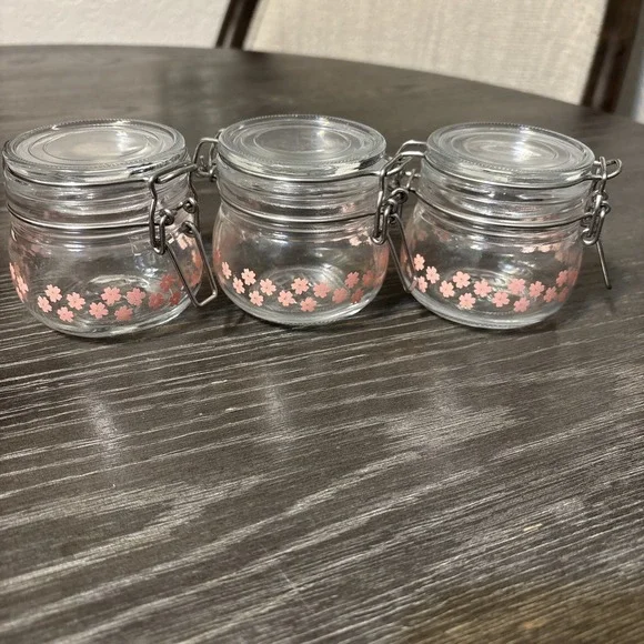 IKEA Pink and Clear Glass Flower Storage Jars Lot Of 3