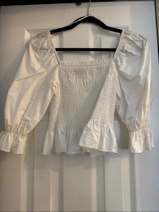 Zara Cream Smocked Peasant Blouse with Puff Sleeves