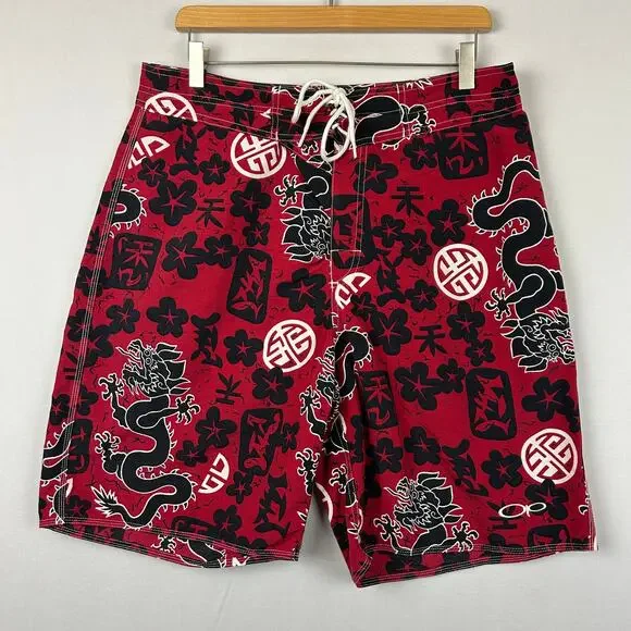 Ocean Pacific OP Vintage Red Chinese Dragon Board Shorts Swim Trunks Men's 34