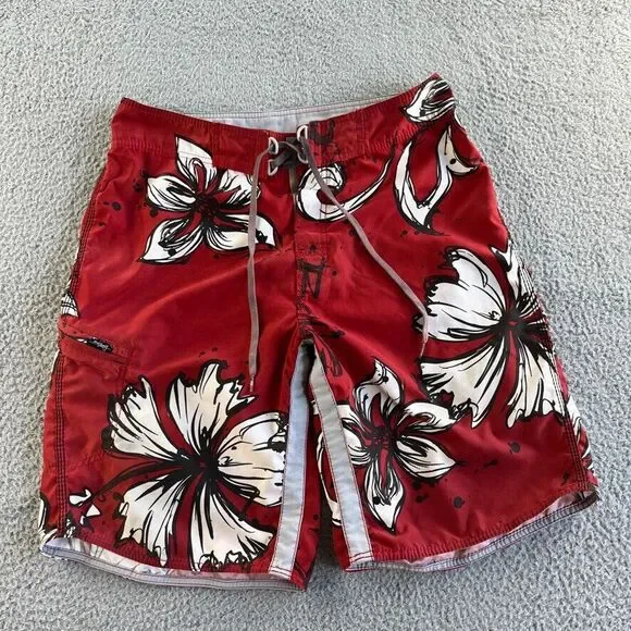 Vintage Billabong Board Shorts Mens 32 Red Swim Trunks Floral Beach Surf‎ Aloha