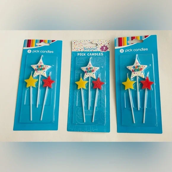 New 3 Packages of 3 Pick Candles Happy Birthday White Yellow Red made in Vietnam
