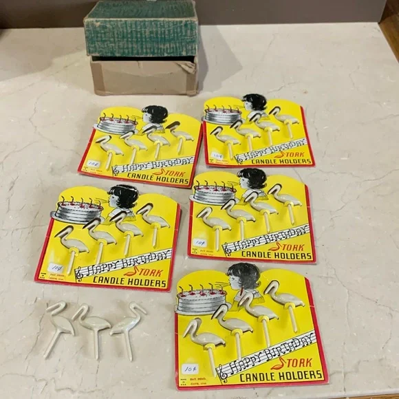 Vintage Happy Birthday Stork Candle Holders 1940s
