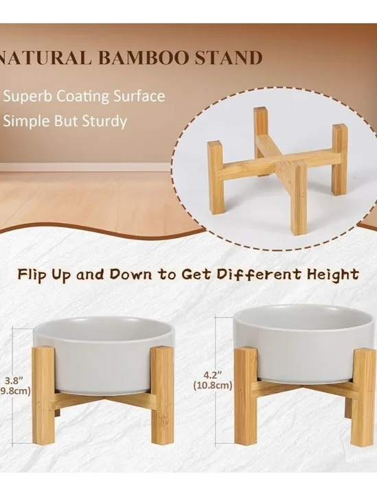 Natural Bamboo Pet Bowl Stand with Ceramic Bowl - Light Wood & White