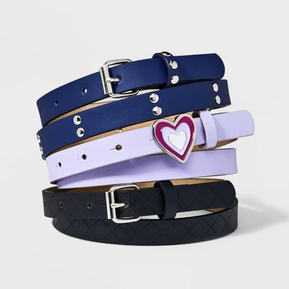 3pk Heart Buckle Studded Embossed Belt Set - Cat & Jack™ Blue/Purple/Black M